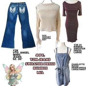 Y2K ANGEL WINGS FLARE JEANS CROCHET SWEATER DRESSES BUNDLE M/L